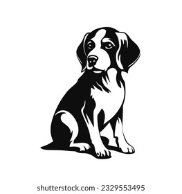 Vector isolated one single sitting Beagle dog full body front view black and white bw two colors silhouette. Template for laser engraving or stencil, print for t shirt