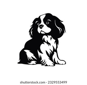 Vector isolated one single sitting King Charles Spaniel dog head front view black and white bw two colors silhouette. Template for laser engraving or stencil, print for t shirt