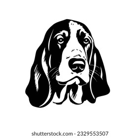 Vector isolated one single sitting Basset Hound dog head front view black and white bw two colors silhouette. Template for laser engraving or stencil, print for t shirt