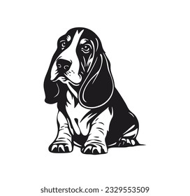 Vector isolated one single sitting Basset Hound dog full body front view black and white bw two colors silhouette. Template for laser engraving or stencil, print for t shirt