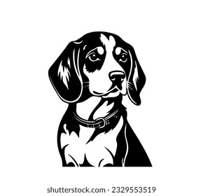 Vector aisló una sola persona sentada Beagle cabeza de perro vista frontal negro y blanco bw dos colores silueta. Plantilla para grabado láser o esténcil, impreso para camiseta