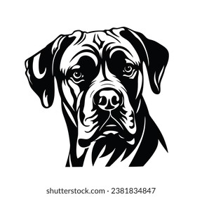 Vector isolated one single sitting Cane Corso Mastiff Bullmastiff dog head front view black and white bw two colors silhouette. Template for laser engraving or stencil, print for t shirt