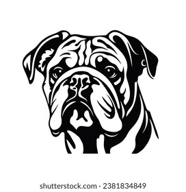 Vector isolated one single sitting Bulldog English American dog head front view black and white bw two colors silhouette. Template for laser engraving or stencil, print for t shirt