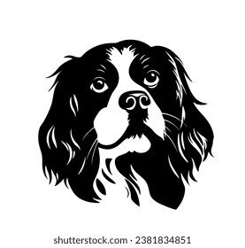 Vector isolated one single sitting King Charles Spaniel dog head front view black and white bw two colors silhouette. Template for laser engraving or stencil, print for t shirt