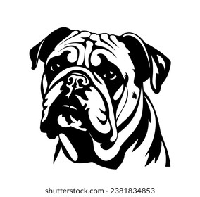 Vector isolated one single sitting Bulldog English American dog head front view black and white bw two colors silhouette. Template for laser engraving or stencil, print for t shirt