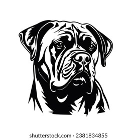 Vector isolated one single sitting Cane Corso Mastiff Bullmastiff dog head front view black and white bw two colors silhouette. Template for laser engraving or stencil, print for t shirt