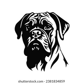 Vector isolated one single sitting Cane Corso Mastiff Bullmastiff dog head front view black and white bw two colors silhouette. Template for laser engraving or stencil, print for t shirt