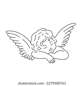 Vector aislado un solo ángel amour durmiente con un par de alas línea de contorno blanco y negro incoloro dibujo fácil