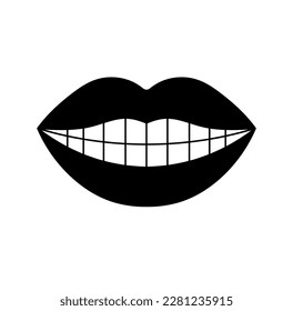 Vector isolated one single smiling mouth lips with tooths and black lips colorless black and white contour line easy drawing