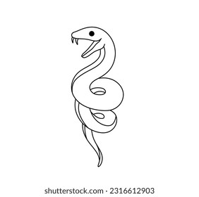 Vector isolated one single snake coiled in spiral vertical with open mouth colorless black and white contour line easy drawing