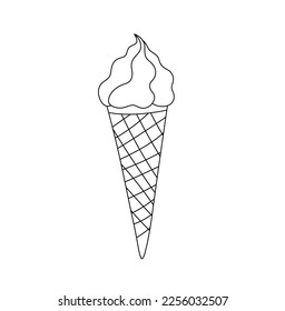 Vector isolated one single soft ice cream in waffle cone colorless black and white contour line easy drawing