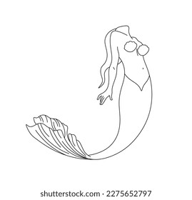 Vector aislado una sola nadadora hermosa sirena mujer con cola de pescado línea de contorno negro y blanco incoloro dibujo fácil