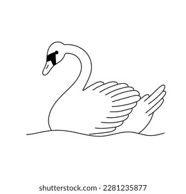 Vector isolated one single swimming swan in water colorless black and white contour line easy drawing