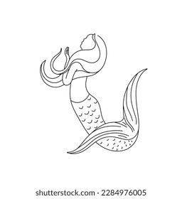 Vector isolated one single swimming floating mermaid woman girl with fish tail colorless black and white contour line easy drawing