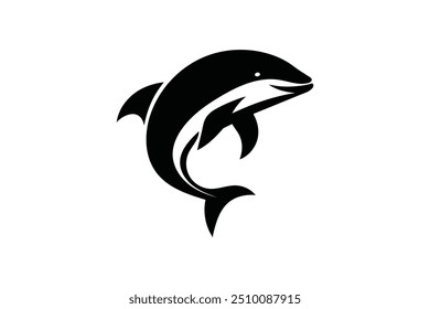 Vector isolated one single swimming or jumping dolphin side view colorless black and white outline silhouette shadow shape