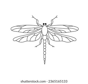 Vector isolated one single symmetrical dragonfly with four wings top view colorless black and white contour line easy drawing	