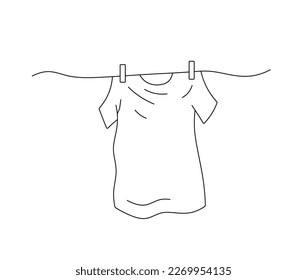 Vector isolated one single t-shirt hanging drying on a rope colorless black and white contour line easy drawing