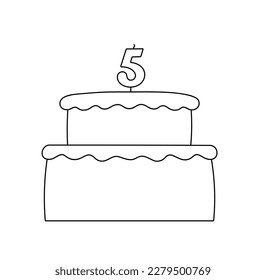 Vector isolated one single two tier cake with cream and figure 5 five candle template colorless black and white contour line easy drawing