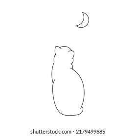 Vector isolated one sitting cat look at the crescent moon view from back colorless black and white contour line drawing