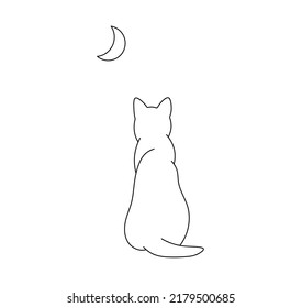 Vector isolated one sitting cat look at the crescent moon view from back colorless black and white contour line drawing