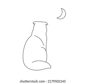 Vector isolated one sitting cat look at the crescent moon view from back colorless black and white contour line drawing