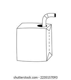 Vector isolated one small box of juice with a straw colorless black and white contour line easy drawing