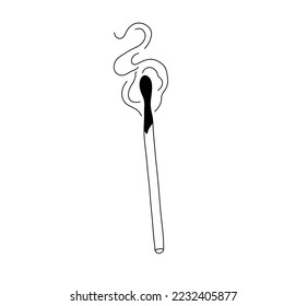 Vector isolated one smoldering smoking match and black ash head   smoke colorless black   white contour line easy drawing