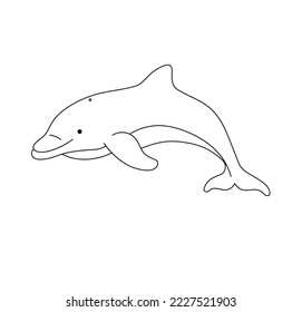 Vector isolated one swimming floating little smiling dolphin colorless black and white contour line drawing 