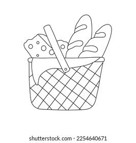 Vector isolated one wicker basket with food cheese and baguette bread picnic colorless black and white contour line