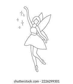 Vector isolated one winged fairy girl with wings sprinkling sequins 
 glitter colorless black and white contour line easy drawing