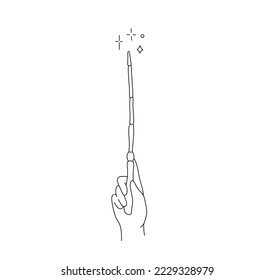 Vector isolated one wizard hand with magic wand stick colorless black and white contour line easy drawing