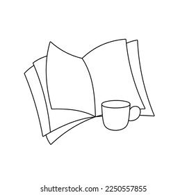 Vector isolated open book journal magazine note with white clear emply sheets pages with cup of tee or coffee colorless black and white contour line easy drawing