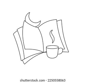 Vector isolated open book journal magazine note with white clear emply sheets pages with cup of tee or coffee with crescent moon colorless black and white contour line easy drawing
