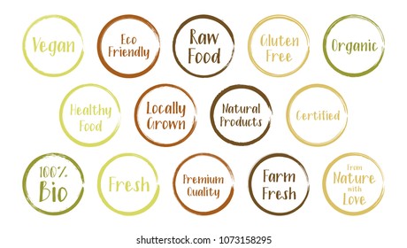 Vector isolated organic labels, eco stamps for restaurants menu, natural products packaging. Fresh raw food vegan gluten free eco friendly premium quality locally grown organic healthy food labels.