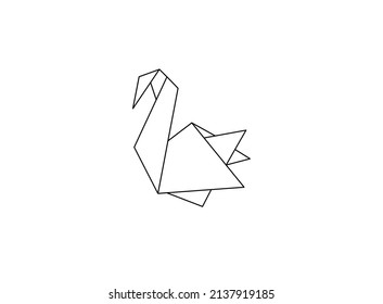 Vector isolated origami paper bird crane or swan colorless black and white contour line drawing