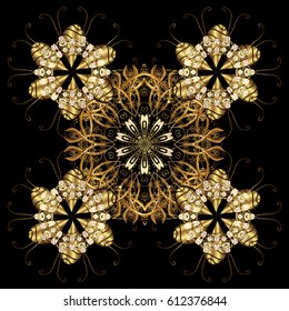 Vector isolated ornament with abstract hand drawn golden snowflakes design on a black background. Hand painted ornament.