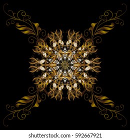 Vector isolated ornament with stylized golden snowflakes. Winter, New Year, Christmas simple design on a black background. Snow crystal regular texture on colors.