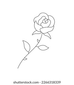 Vector aislado de rosa simple flor de rosa con tallo espinoso y deja una línea de contorno blanco y negro incolora fácil de dibujar
