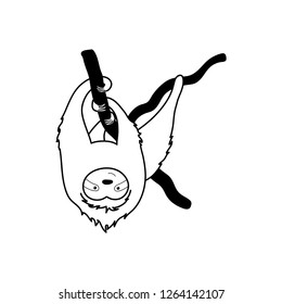 Vector isolated outline black illustration of cute character sloth. Cartoon baby climbing sloths. Hand drawn jungle animal hanging on a branch of tree. Drawing for print, fabric, poster etc. 