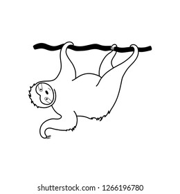 Vector isolated outline black illustration of cute character sloth. Cartoon baby climbing sloths. Hand drawn jungle animal hanging on a branch of tree. Drawing for print, fabric, poster etc. 