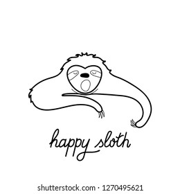 Vector isolated outline black illustration of cute character sloth. Cartoon baby climbing sloths. Hand drawn jungle animal hanging on a branch of tree. Drawing for print, fabric, poster etc. 