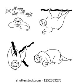 Vector isolated outline black set of cute character sloth illustration. Cartoon baby climbing sloths. Hand drawn jungle animal hanging on a branch of tree. Drawing for print, fabric, poster etc. 