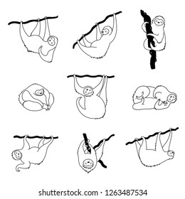 Vector isolated outline black set of cute character sloth illustration. Cartoon baby climbing sloths. Hand drawn jungle animal hanging on a branch of tree. Drawing for print, fabric, poster etc. 