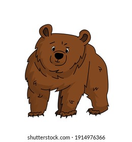 Vector isolated outline cartoon brown bear grizzly stands and learning something or looks uncertain to somewhere. Animal is on white  background