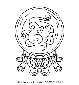 Vector isolated outline crystal ball on stand, simpleon white background. Fortune telling glass globe with smoke of providence inside. Idea for esoteric, occult, magic and enchanted print.