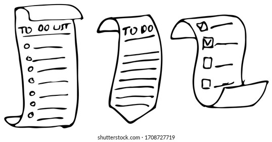 Marcas dibujadas a mano con contorno aislado de vectores para hacer lista, viñeta, marca de verificación y casilla de verificación en un estilo de dibujo de dibujos animados de dibujo de doodle. Nota en papel con plan de tareas
