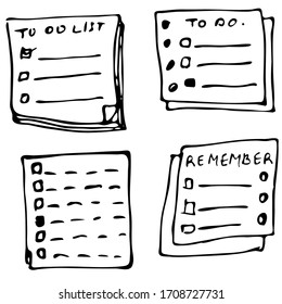 Vector isolated outline hand drawn check to do list, bullet, check mark and check box in a doodle sketch cartoon style. Paper note with task plan