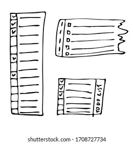 Vector isolated outline hand drawn check to do list, bullet, check mark and check box in a doodle sketch cartoon style. Paper note with task plan