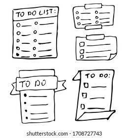 Vektorillustration einzeln Umriss handgezeichnet Überprüfung zu tun Liste, Kugel, Häkchen und Kästchen in einem doodle Sketch Cartoon Stil. Papiernotiz mit Aufgabenplan