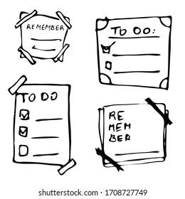 Vector isolated outline hand drawn check to do list, bullet, check mark and check box in a doodle sketch cartoon style. Paper note with task plan